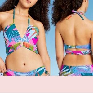 NWT Xhilaration Junior Bikini Top Floral Blue Pink Orange Colorful Deep V-neck L